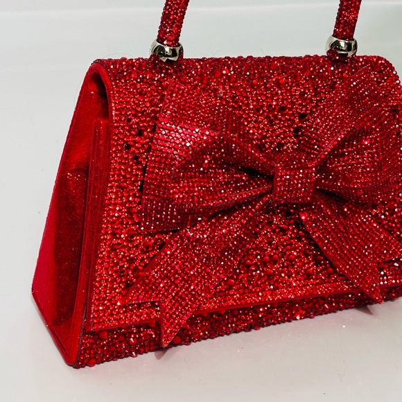 Red Rhinestone Studded Top Handle Large Bow Evening Bag - Picture 5 of 15